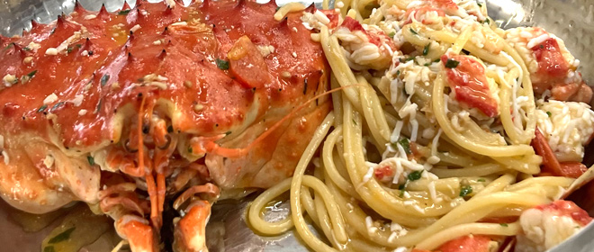 Spaghettone Quadrato con King Crab e pomodorino del piennolo